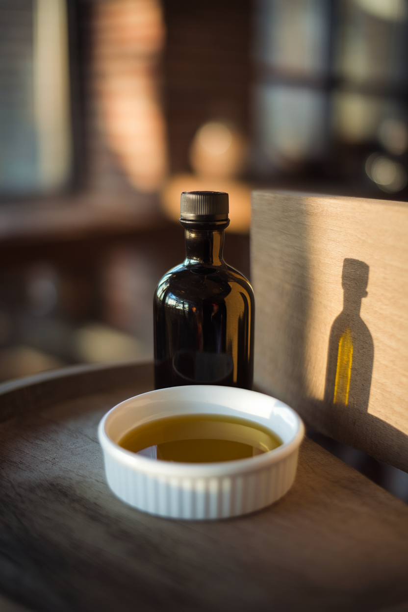 Indoor photo of a dark-glass bottle of olive oil with a small pool poured into a white ramekin, muted afternoon light; no text or logos
