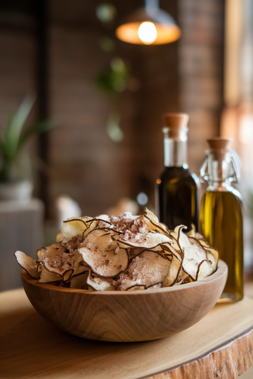 Indoor wooden bowl of thin sunchoke chips dusted with truffle salt. Cozy lighting, no branding.
