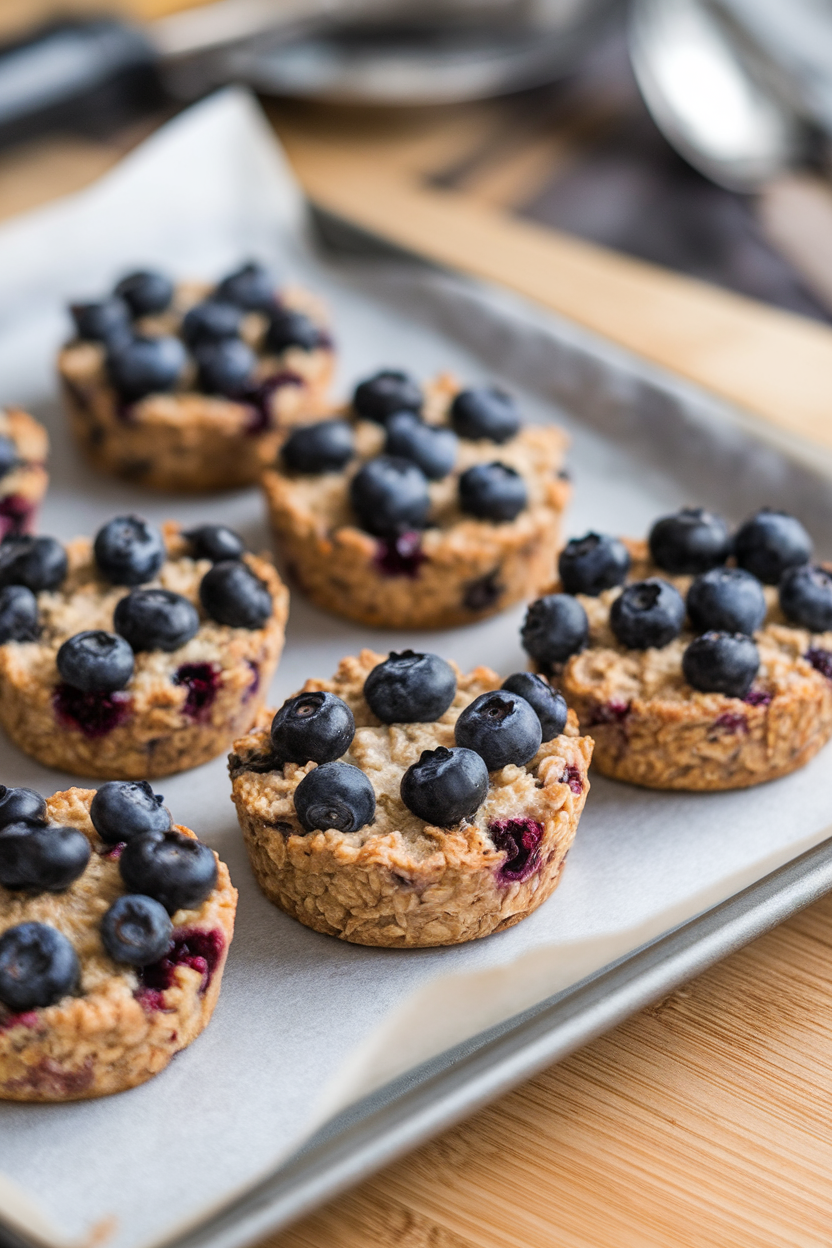 Indoor photo of baked oatmeal cups studded with blueberries on a parchment-lined tray; no text or logos