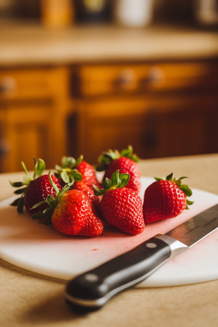 An indoor cutting board scene showing washed strawberries with green tops intact, a paring knife nearby, warm kitchen lighting, no text or logos.