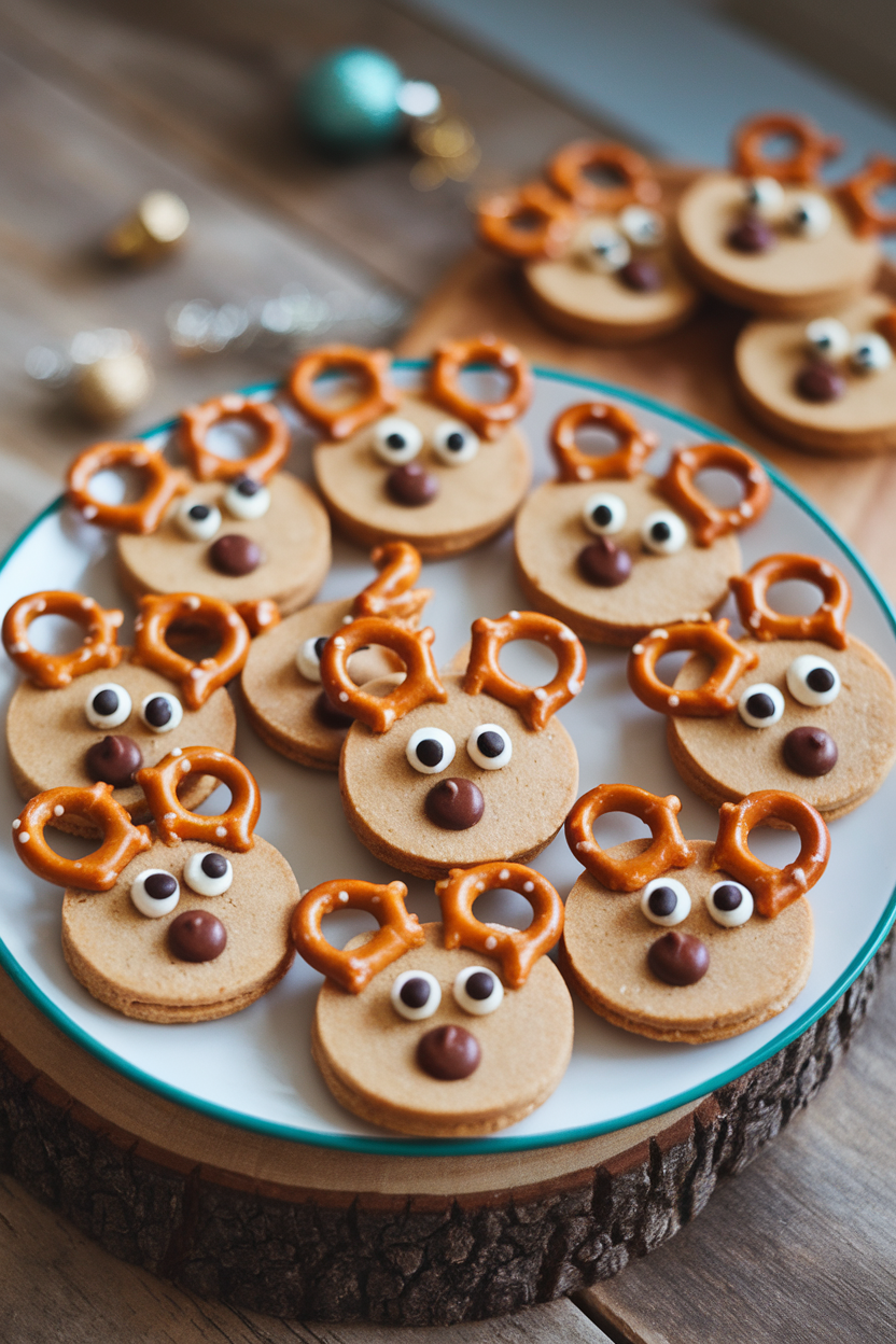 Indoor plate with peanut butter cookies decorated as reindeer using pretzel antlers and chocolate chip eyes. Photo, no text or logos.