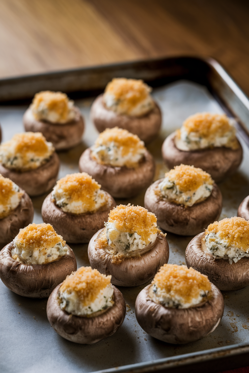 Photo of an indoor baking sheet holding button mushrooms stuffed with herbed cream cheese and breadcrumbs, tops browned; soft warm light, no text or logos