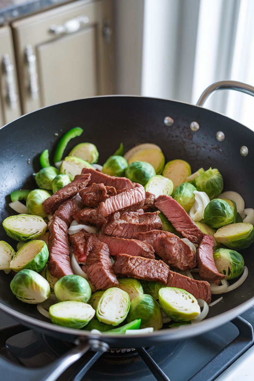 Indoor wok shot showing halved Brussels sprouts and steak strips tossed in garlic sauce. No logos; photo only.