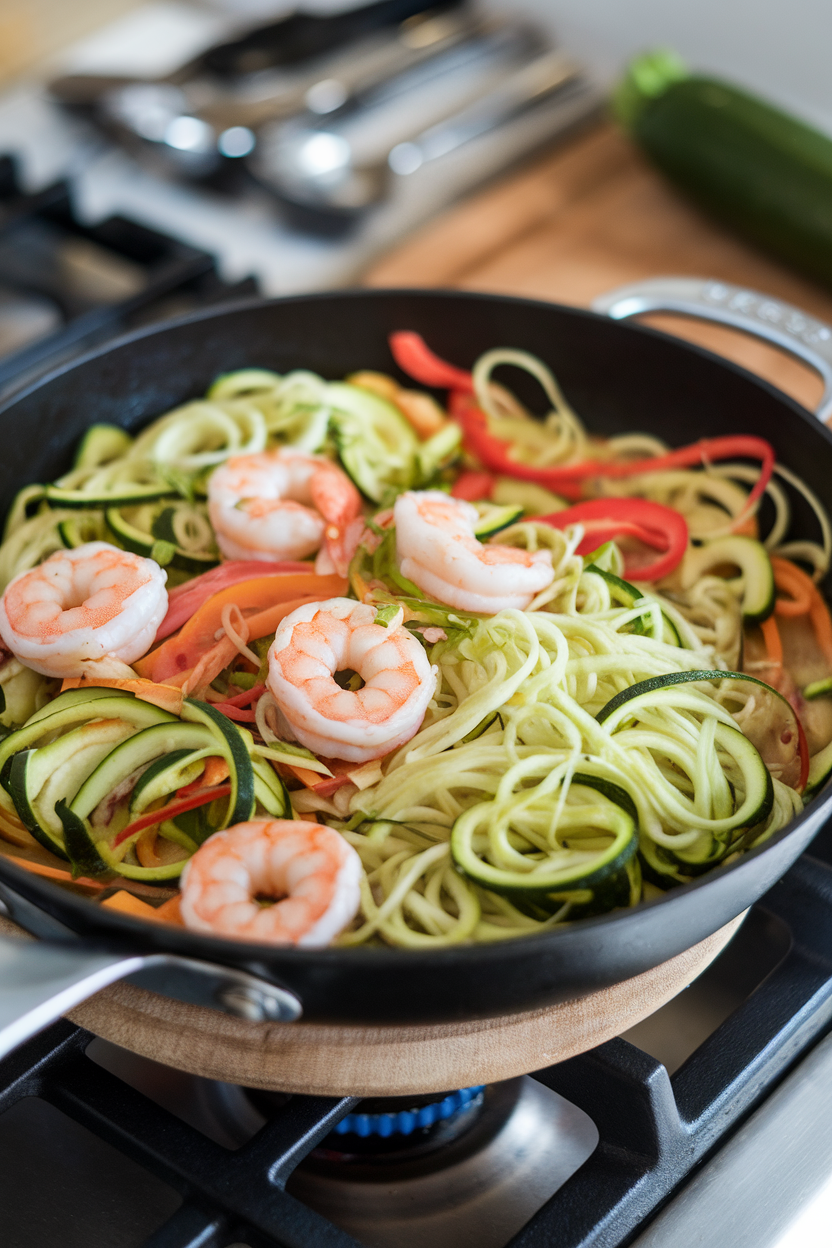 Indoor stovetop scene with a skillet of spiralized zucchini noodles, shrimp, and colorful veggies tossed in light soy-ginger sauce; no text or logos, cooked seafood only, photo style.