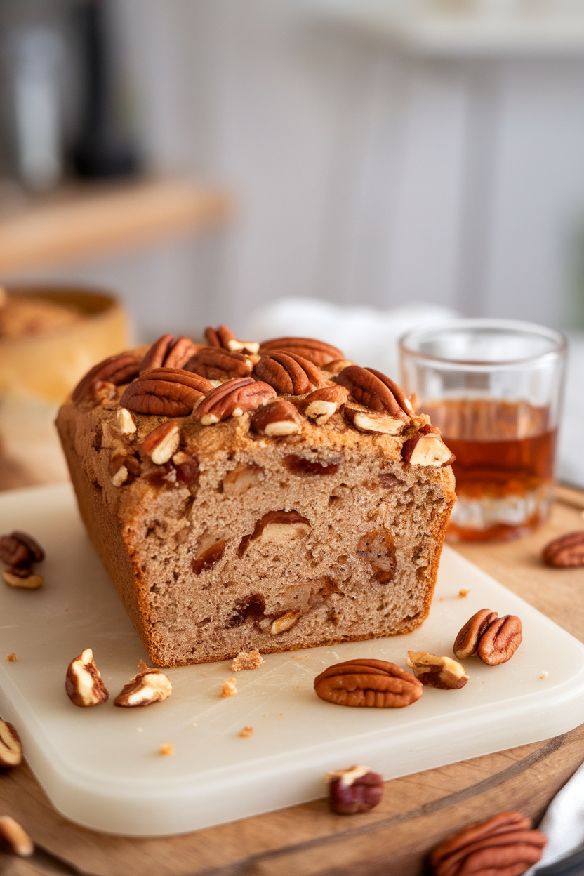 Sliced quick bread on an indoor cutting board, pecan pieces and a small glass of bourbon blurred in background. No logos or text.