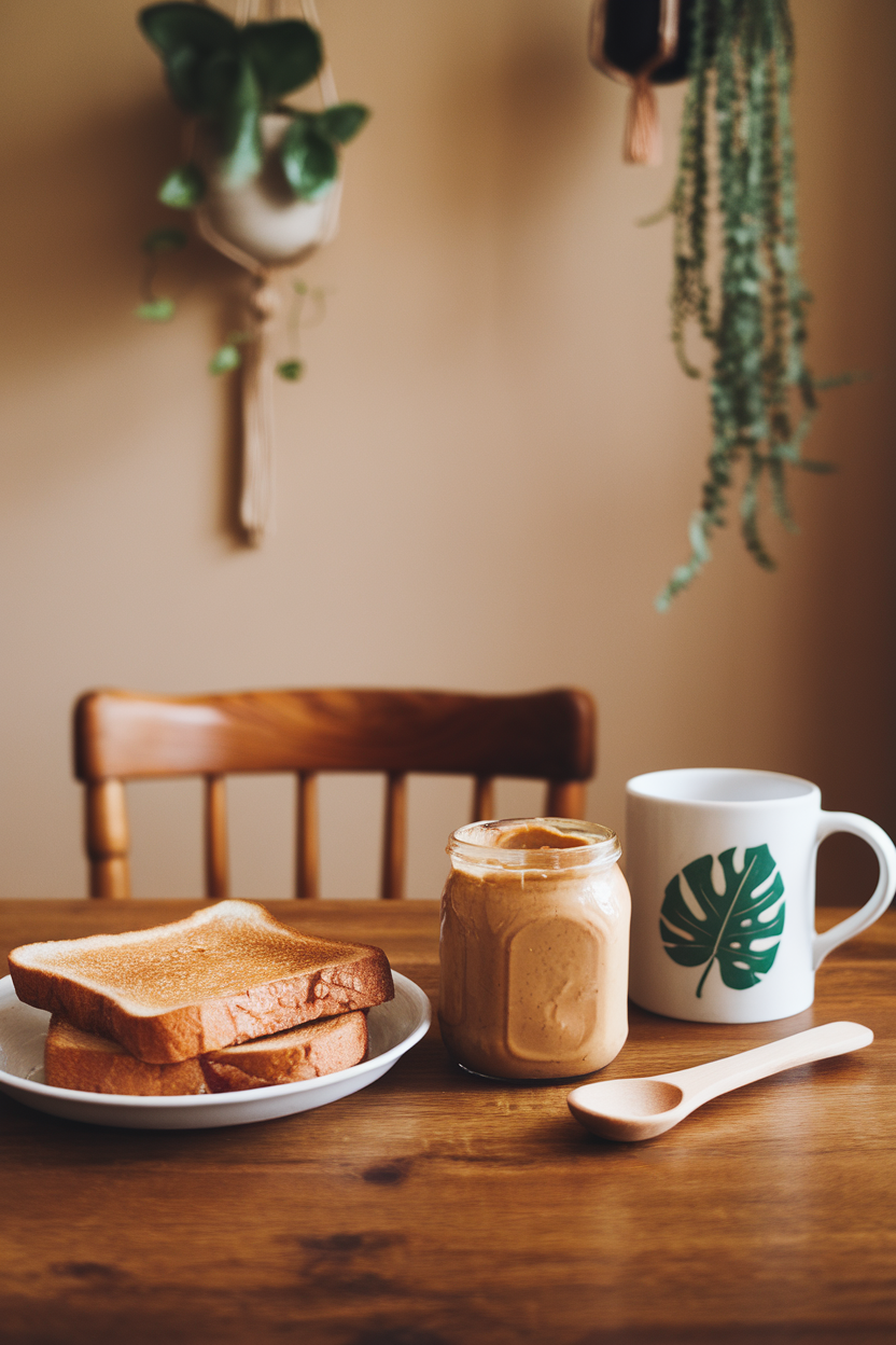 An indoor breakfast nook showing a jar of creamy natural peanut butter with oil separation visible, wooden spoon resting beside, no text or logos.