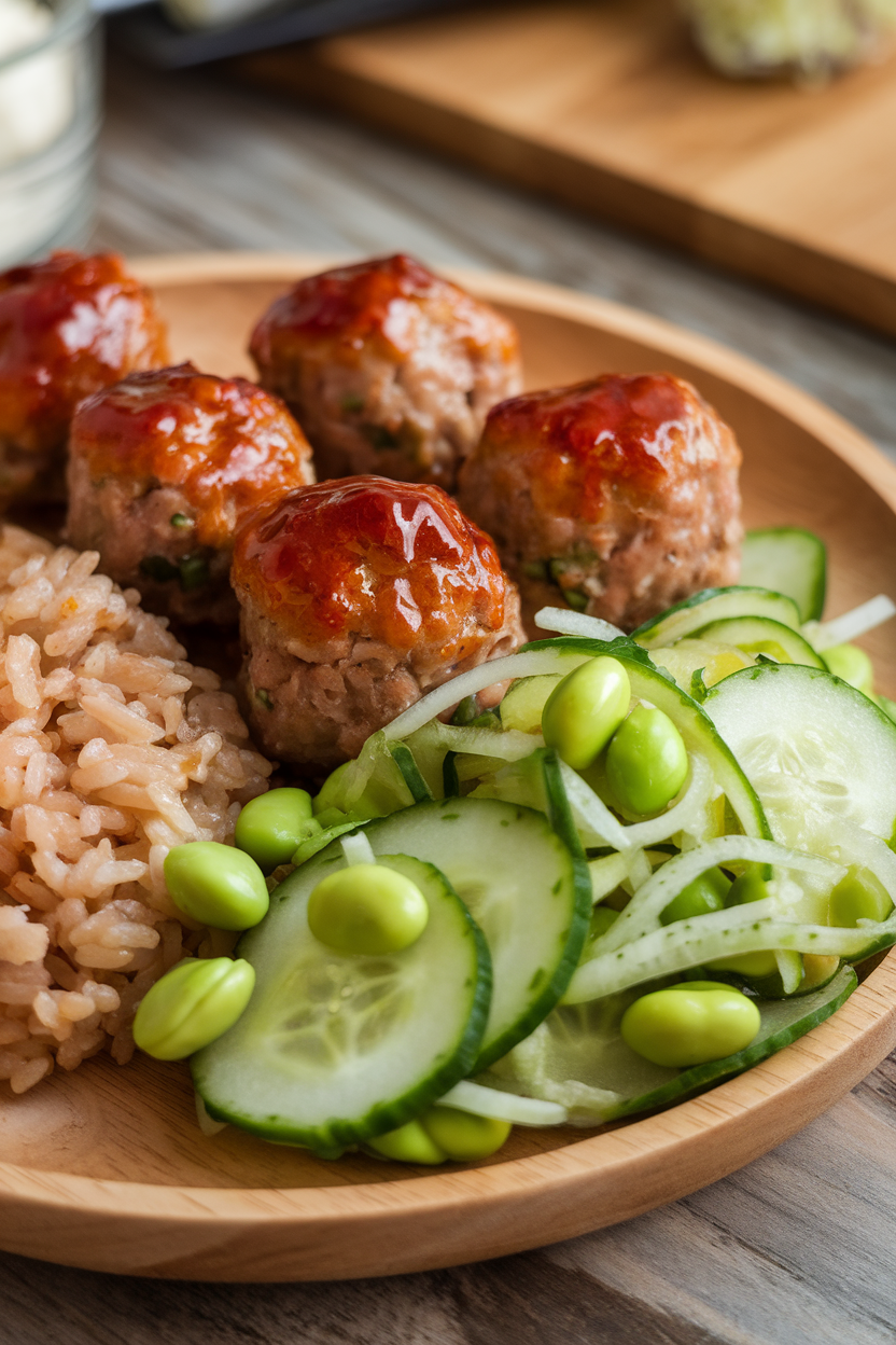 Indoor photo of glazed turkey meatballs, sticky sushi rice, and shelled edamame cucumber salad on a plate. No text or logos.