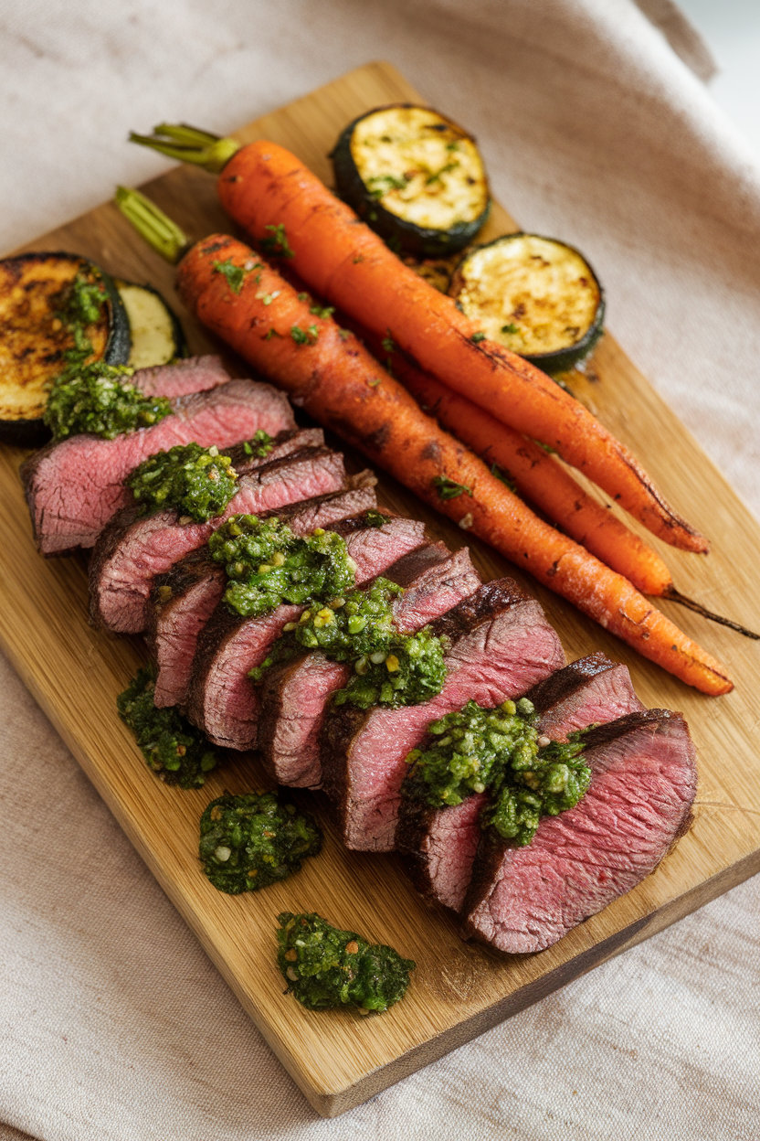 Indoor photo of sliced medium-rare sirloin drizzled with green chimichurri sauce, alongside roasted carrots and zucchini on a wooden board. No text or logos.