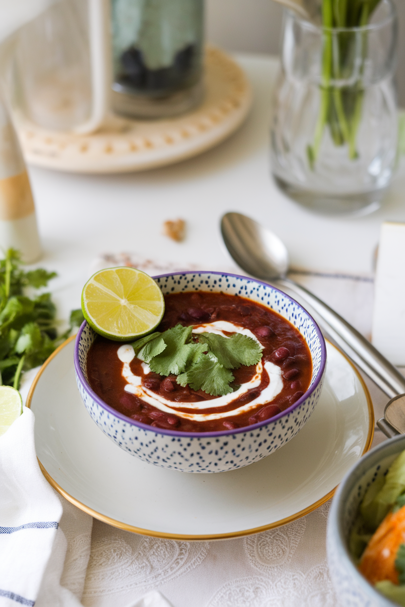 An indoor table with a bowl of black bean soup garnished with a swirl of yogurt and fresh cilantro leaves, lime wedge on the rim. No text or logos in frame.