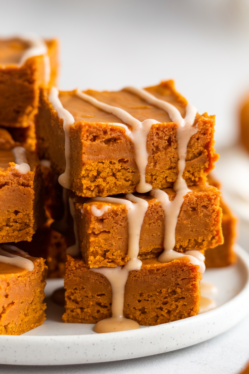 Indoor close-up of pumpkin blondie squares with maple glaze drizzle, stacked neatly, no text or logos.