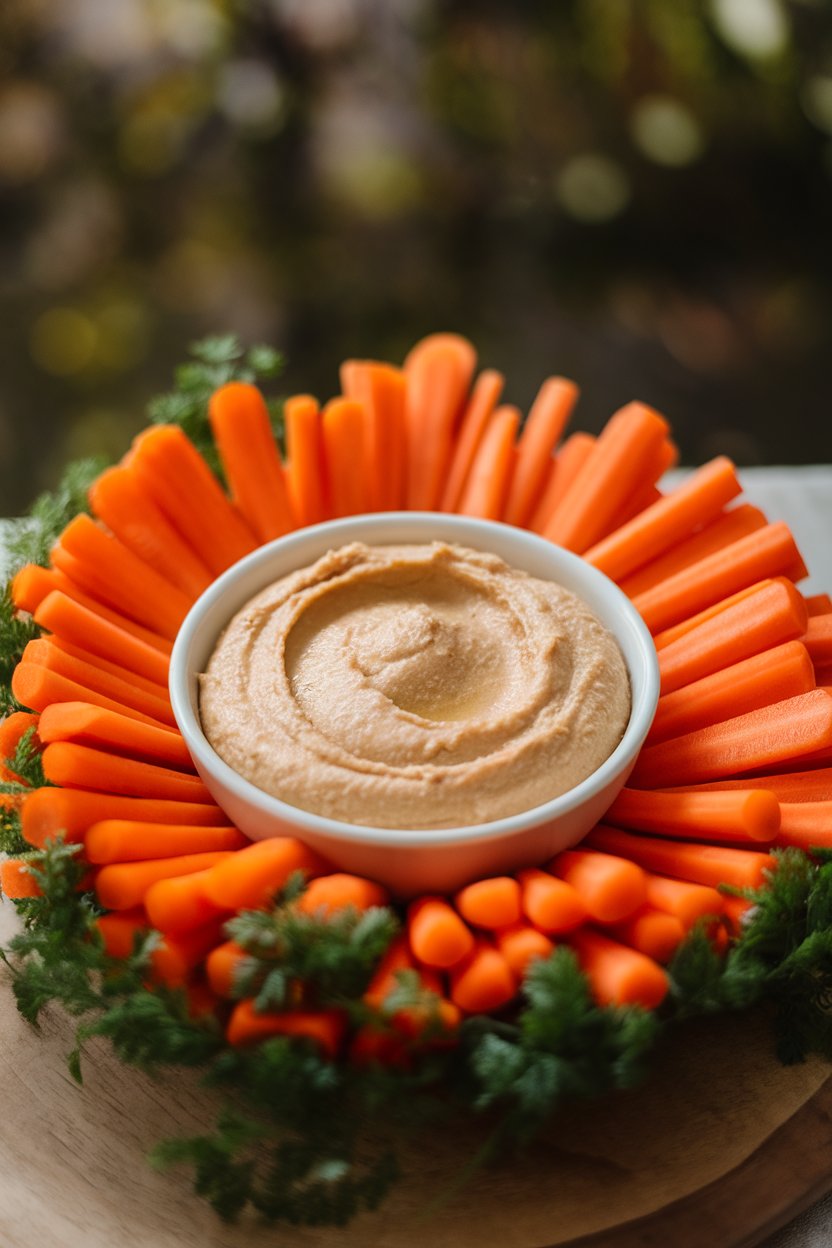A small bowl of smooth hummus surrounded by bright carrot sticks, shot on an indoor wooden board with soft window light. No text or logos. Photo.