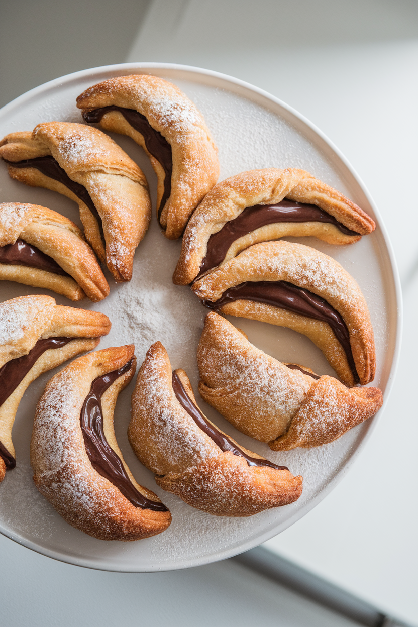 Crescent-shaped rugelach filled with glossy Nutella, arranged on an indoor white platter. No text or logos.</Prompt