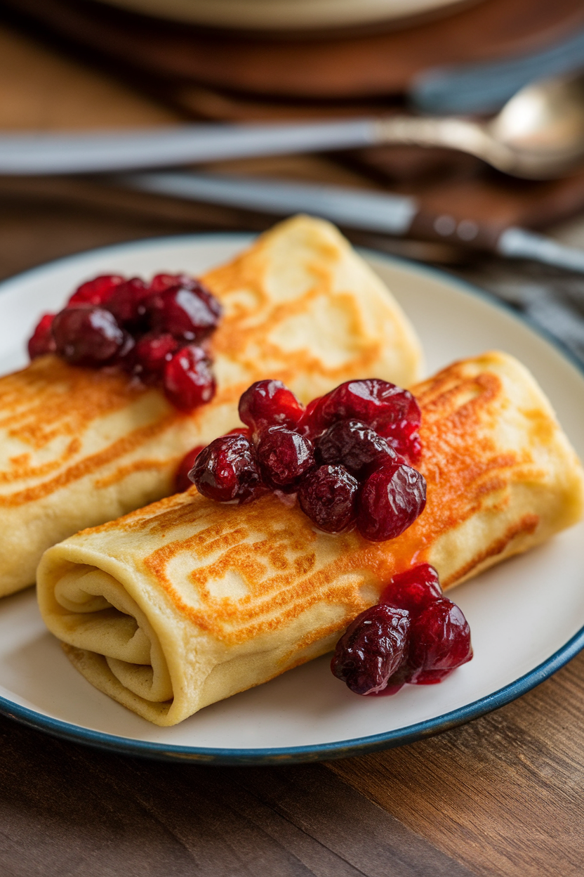 An indoor plate with rolled blintzes seared golden, topped with cranberry orange compote. No text or logos. Photo, not illustration.