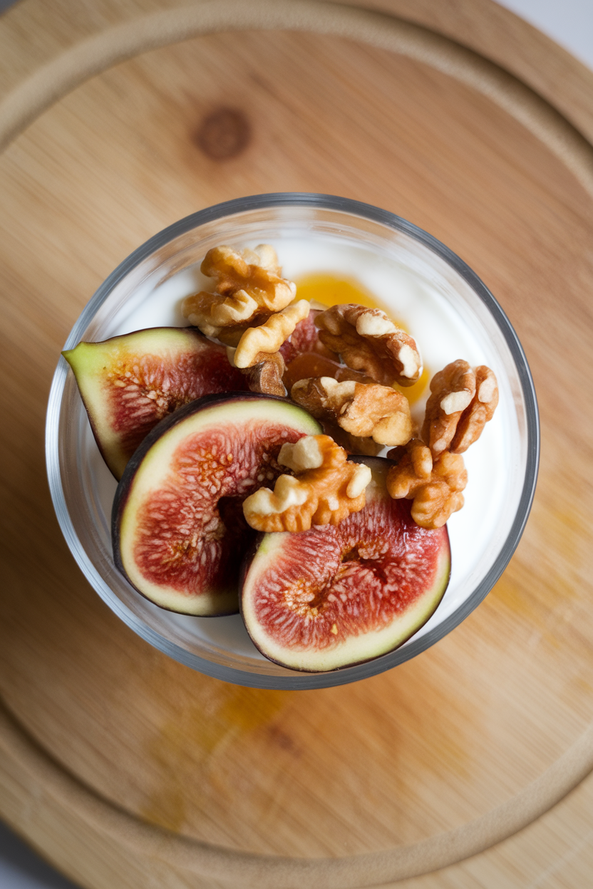 Indoor photo of a clear glass layered with Greek yogurt, sliced fresh figs, and chopped walnuts, honey drizzled lightly on top; overhead, no text or logos