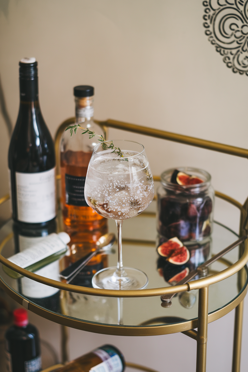 Indoor bar cart displaying a stemmed wine glass of fig and thyme spritz, effervescent bubbles, thyme sprig garnish. Photo, no text or logos.