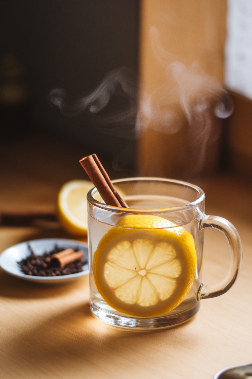A softly lit indoor scene featuring a clear glass mug of steaming hot toddy garnished with a lemon wheel and cinnamon stick; nearby cloves rest on a small plate. Photo, no text or logos anywhere.
