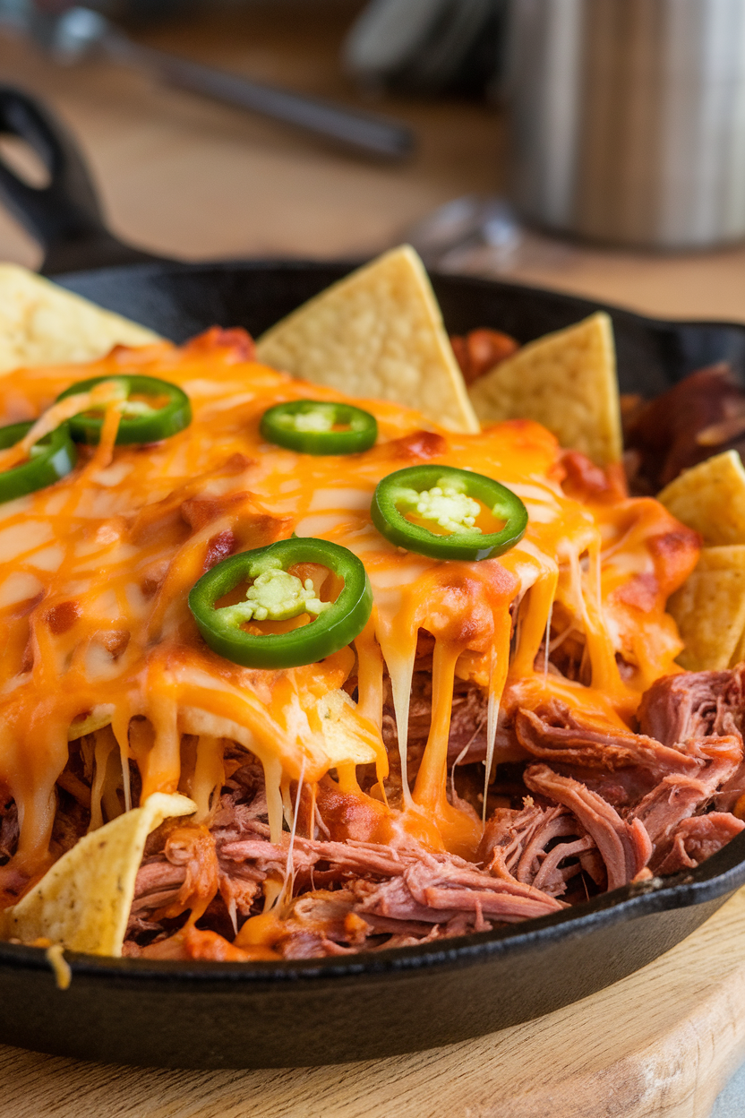 Photo of an indoor cast-iron skillet piled with tortilla chips, shredded pulled pork, melted cheese, and jalapeño slices; gooey cheese strands visible, no text or logos