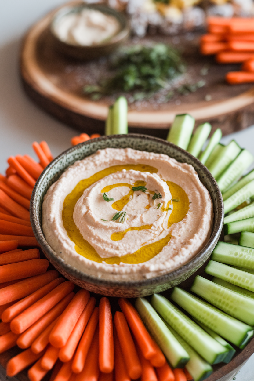 An indoor appetizer spread showing a shallow bowl of creamy white bean dip drizzled with olive oil, surrounded by carrot sticks and cucumber spears. This should be a photo, not an illustration. No text or logos anywhere in the scene.