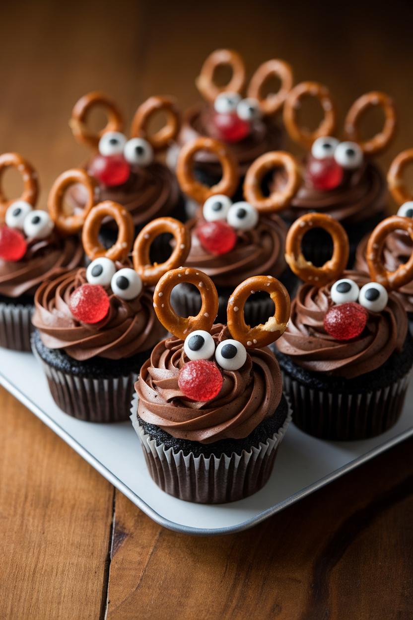 Photo of indoor bakery tray with chocolate-frosted cupcakes, pretzel antlers, candy eyes, and glossy red gumdrop noses at center, no text or logos.