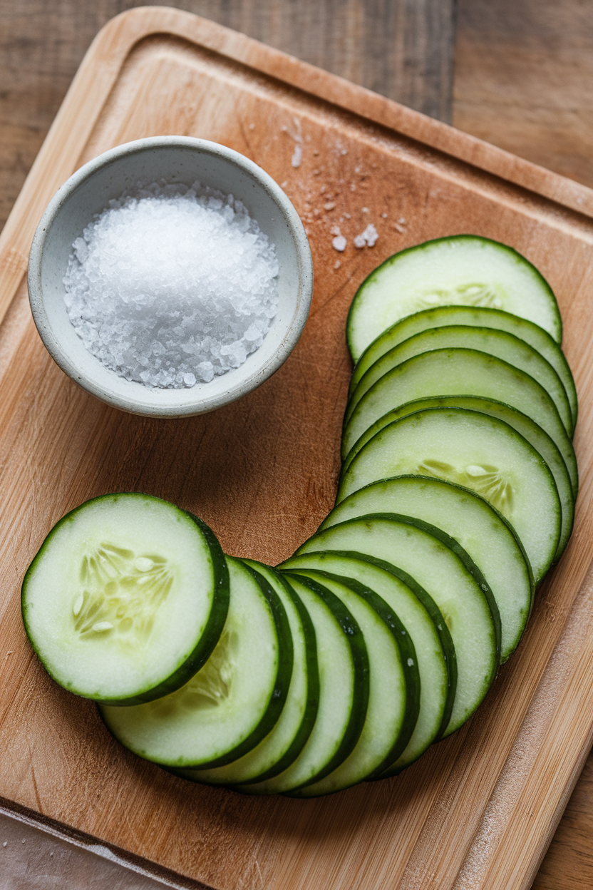 An indoor cutting board with half-moons of cucumber fanned out beside a small dish of sea salt, no text or logos.