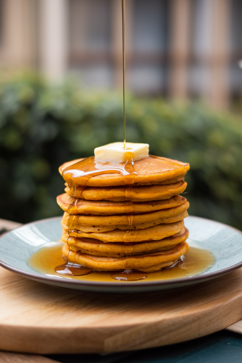 Stack of butternut squash pancakes on an indoor plate, butter melting on top, drizzle of maple syrup, no logos or text in frame.