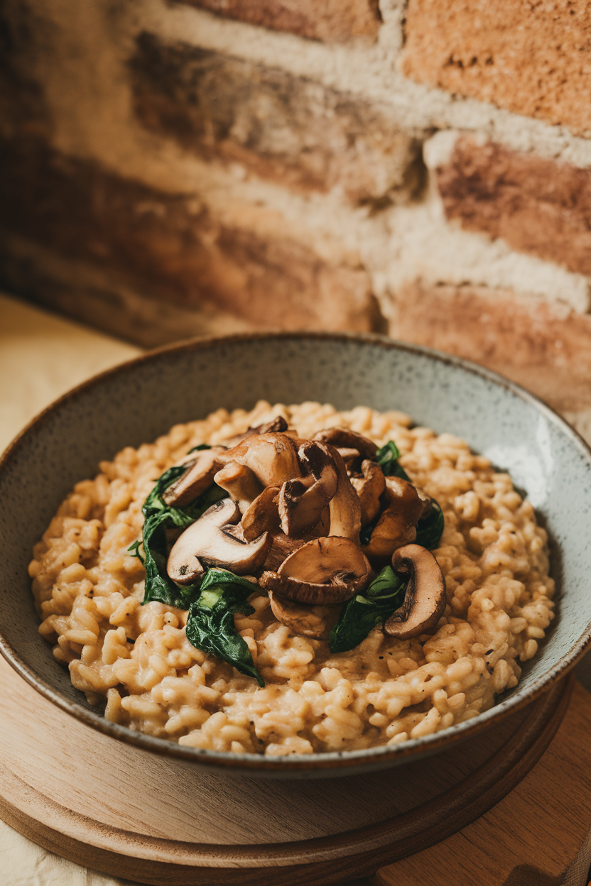 Photo of creamy brown rice risotto studded with mushrooms and spinach, served in a shallow bowl indoors. No text or logos.</Prompt