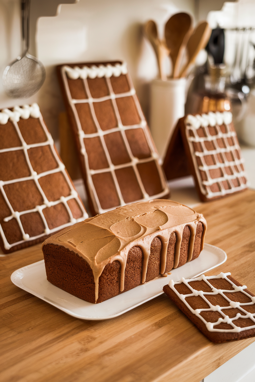 Indoor kitchen counter displaying a loaf-shaped spice cake iced in brown sugar frosting with gingerbread cookie walls and roof panels leaning against it, candy shingles and royal-icing snow accents. Warm overhead lighting, no text or logos.