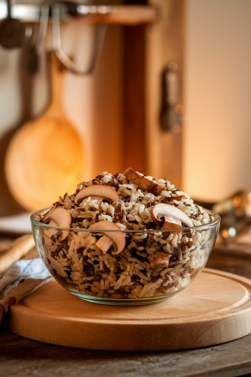 Photo of stuffing featuring wild rice and sliced mushrooms in a serving bowl indoors. No text or logos.