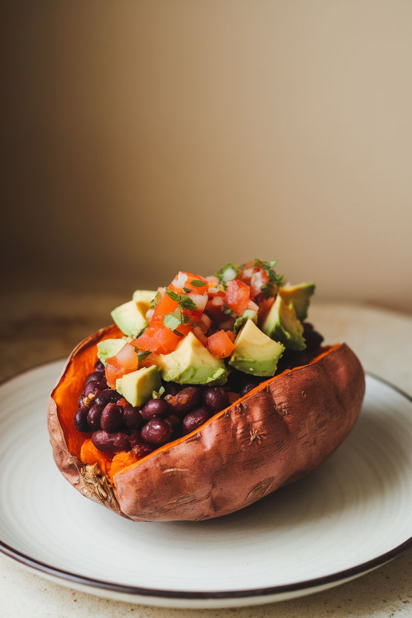 Indoor photo of a roasted sweet potato split and filled with black beans, diced avocado, and salsa on a plate; no text or logos.