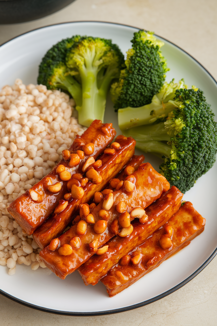 Indoor photo of glazed peanut tempeh strips, fluffy millet, and steamed broccoli florets on a plate. No text or logos.