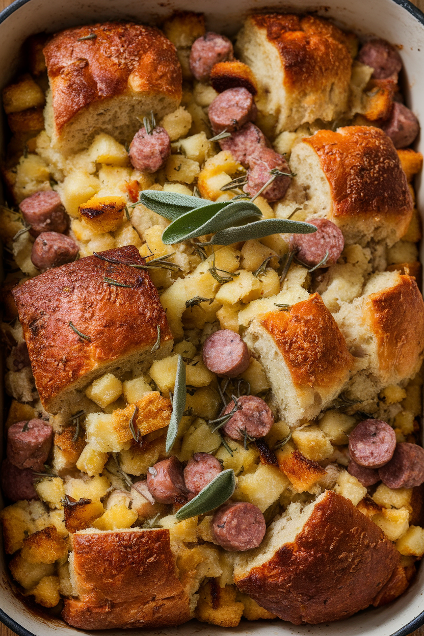 An indoor baking dish brimming with rustic bread stuffing dotted with sausage pieces and fresh sage, photo, no text or logos.