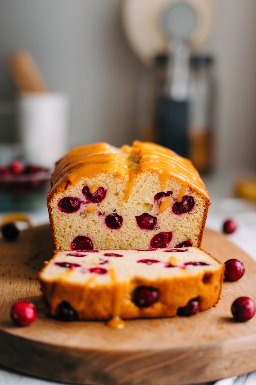 Indoor photo of a loaf cake sliced to reveal cranberries studded throughout, drizzle of orange glaze on top. No text or logos.