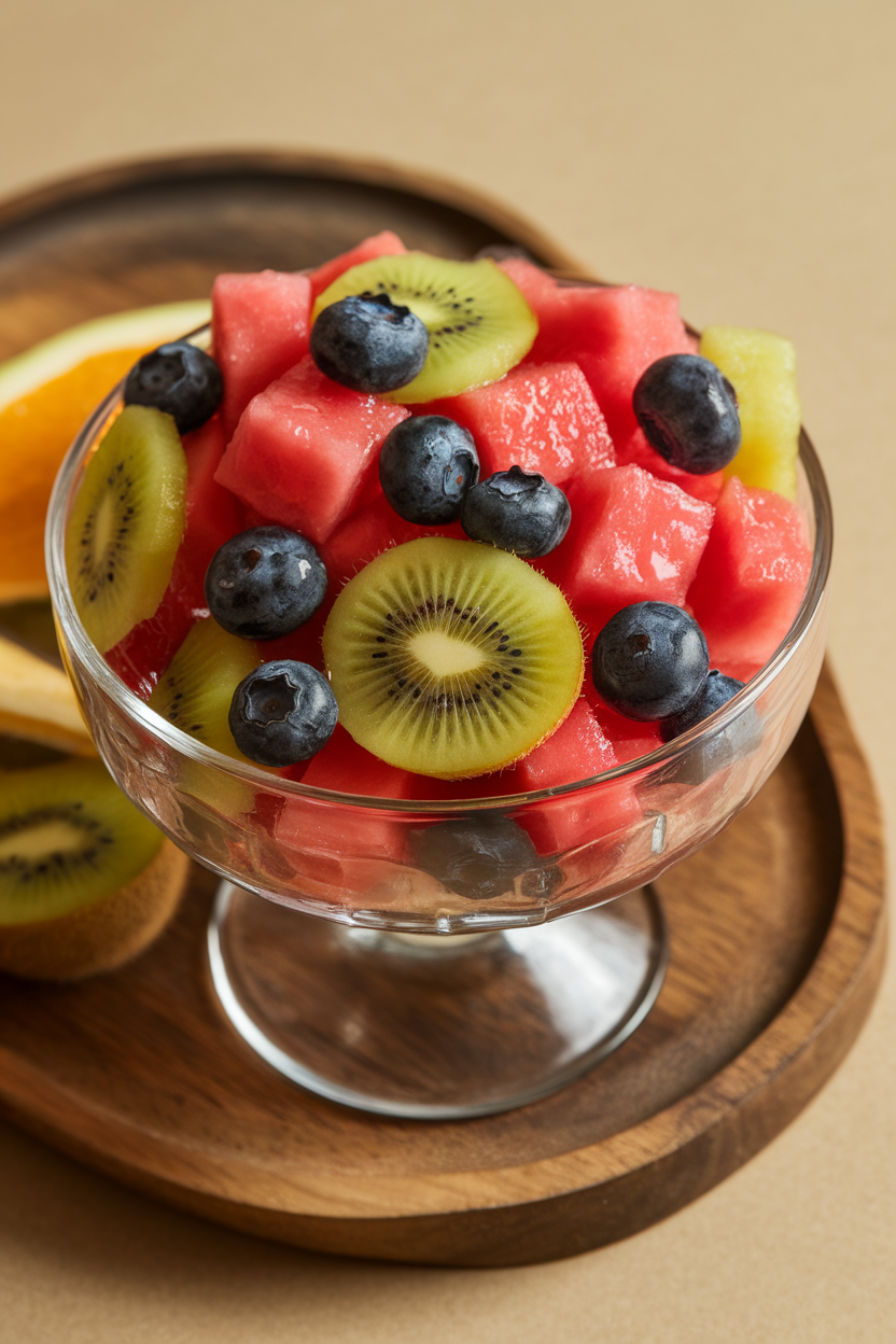 Indoor glass bowl of mixed fruits—watermelon cubes, kiwi slices, blueberries—glistening with light syrup. No text or logos visible.