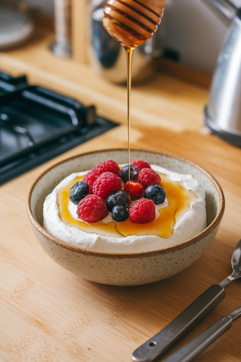 Bowl of thick quark cheese topped with mixed berries and a drizzle of honey on a kitchen counter, no text or logos.