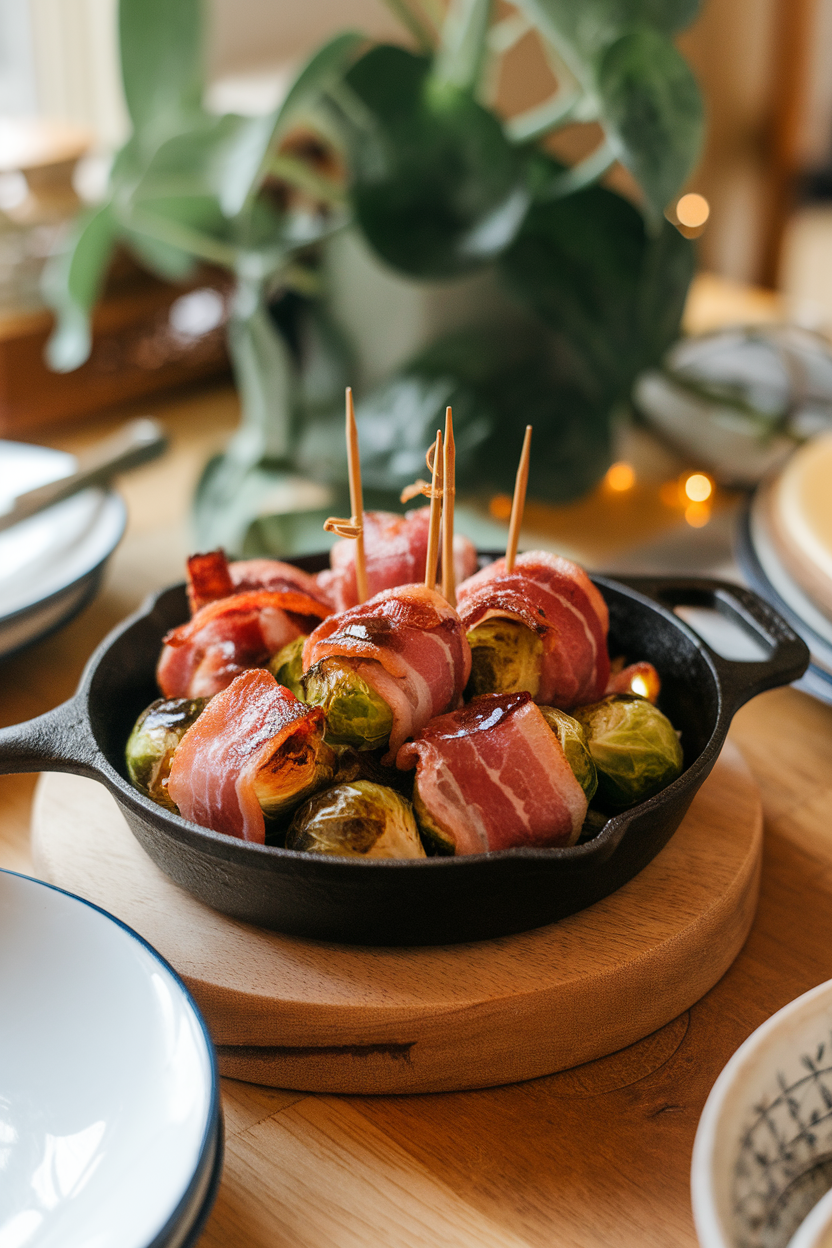 Indoor dining table with a small cast-iron skillet of roasted Brussels sprouts wrapped in crisp bacon, toothpicks visible, and a light drizzle of balsamic. No text or logos.