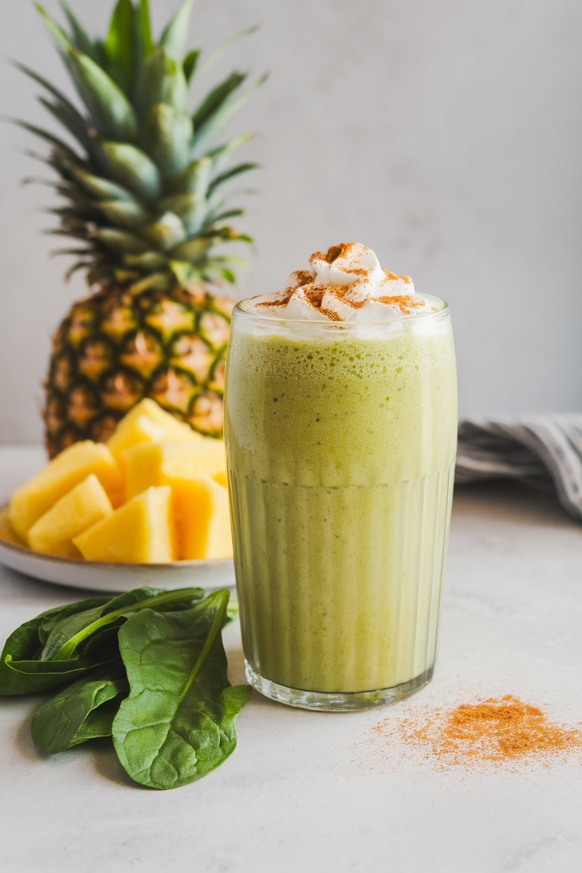 Indoor photo of a tall glass of vibrant green smoothie beside a small plate of pineapple chunks and spinach leaves, no text or logos.