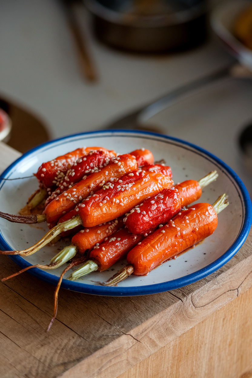 Indoor ceramic plate featuring roasted carrot rounds coated in red harissa glaze, sesame seeds sprinkled. No text or logos.