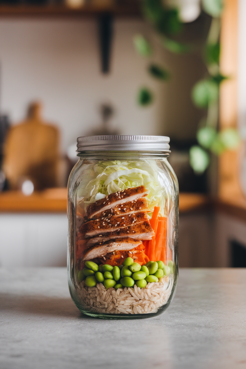 A glass jar on an indoor kitchen counter showing layers of sesame chicken strips, shredded cabbage, carrots, and edamame over brown rice. No text or logos.