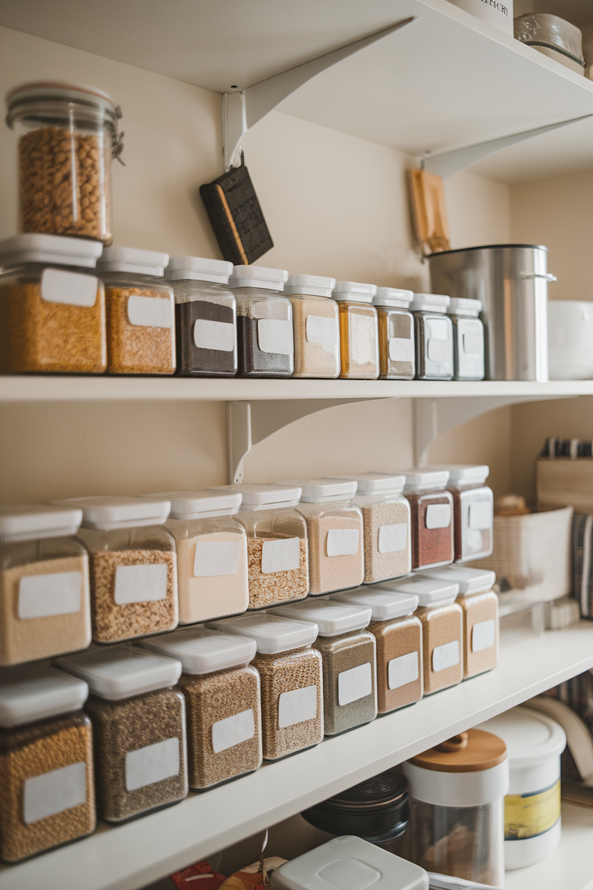 Photo prompt: An indoor pantry shelf neatly arranged with clear jars of grains, nuts, and spices, label sides turned away or blank.