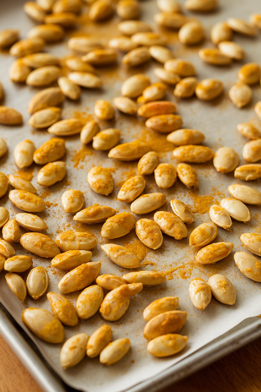 A baking sheet of roasted pumpkin seeds coated in maple and turmeric, indoors. No text or logos.