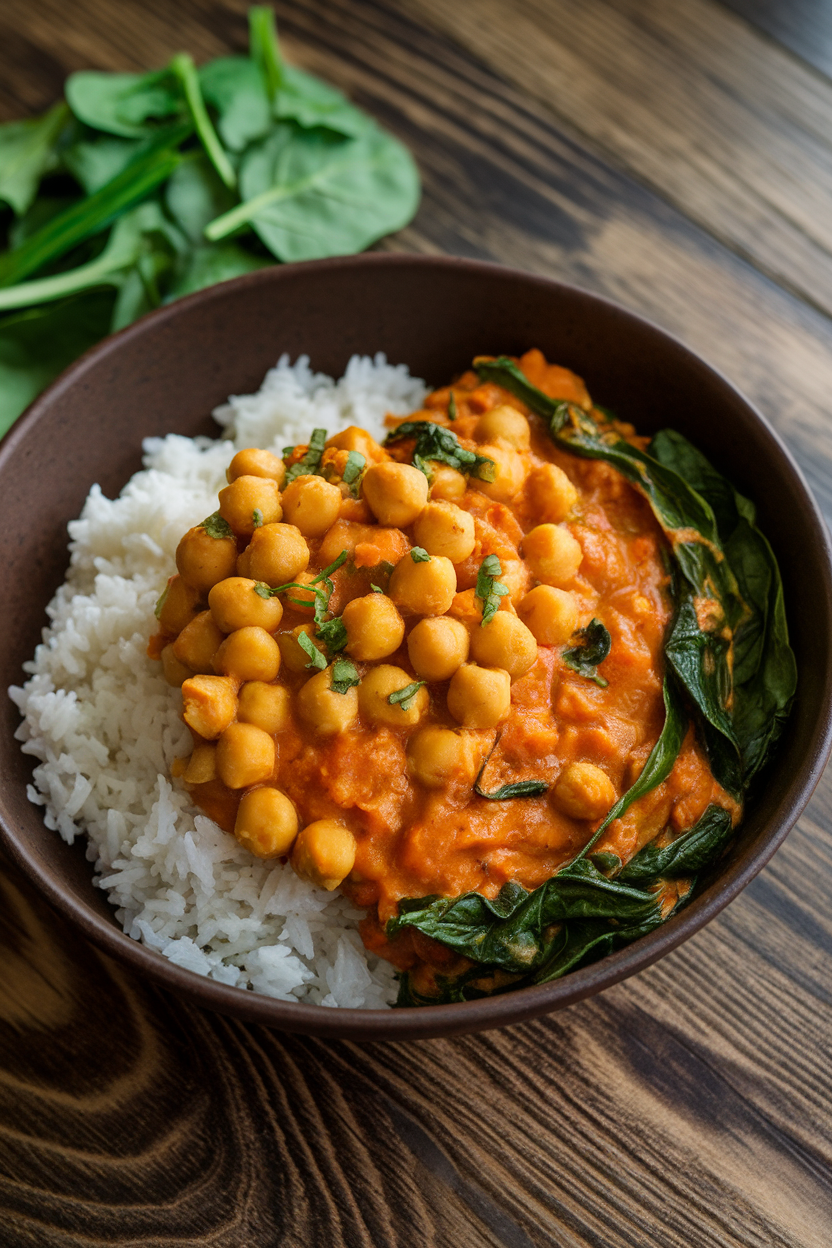 Deep bowl on an indoor wooden table filled with vibrant chickpea coconut curry, wilted spinach visible, served over jasmine rice, no text or logos
