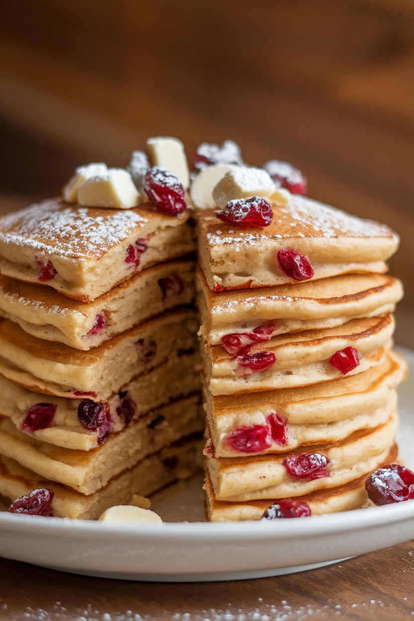 Indoor photo of pancakes studded with dried cranberries and white chocolate chunks, lightly dusted with powdered sugar; no text or logos.