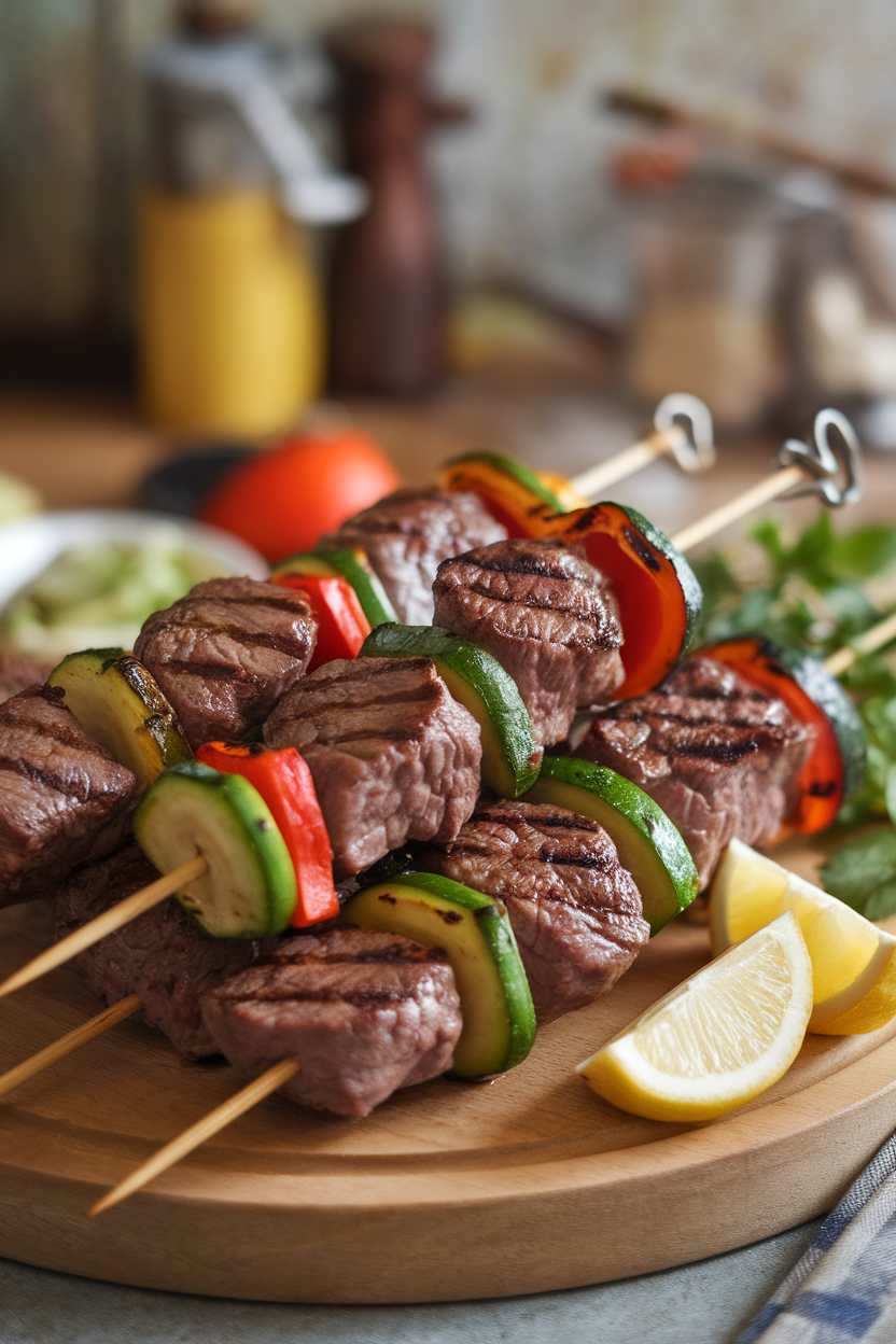 Indoor platter featuring skewers of beef chunks alternated with bell peppers and zucchini, grill marks visible. No logos; photo.