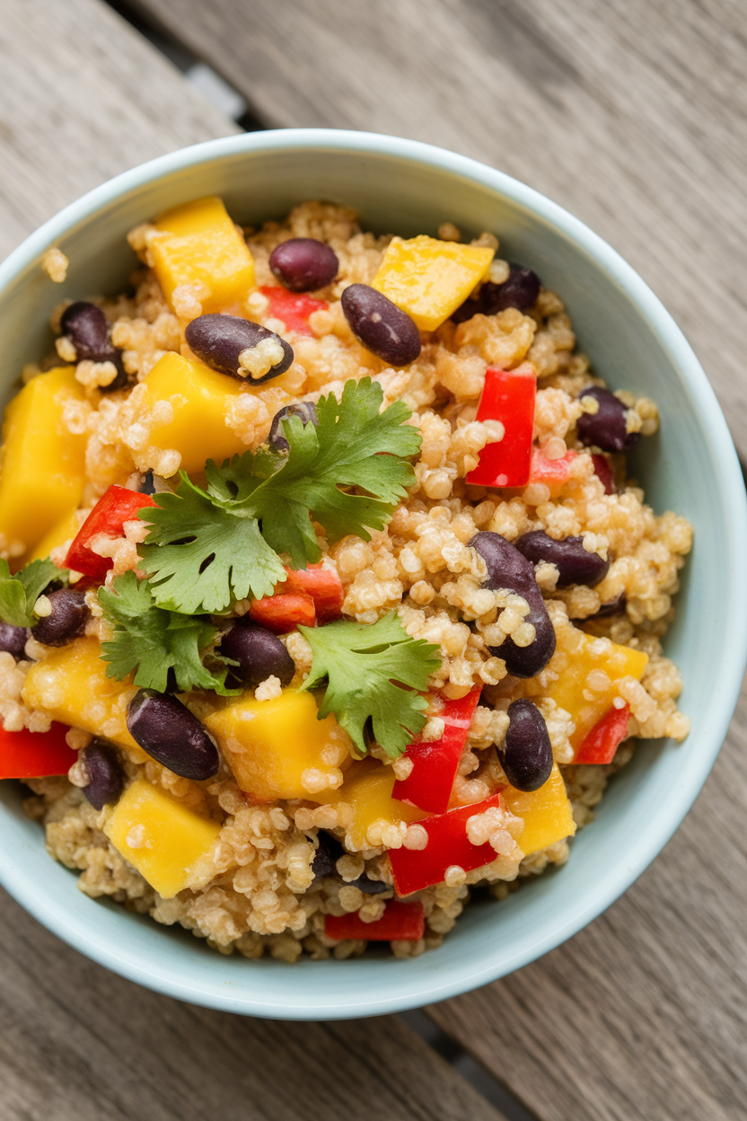 Indoor photo of a vibrant bowl of quinoa mixed with diced mango, black beans, red bell pepper, and cilantro. Overhead shot, no text or logos.