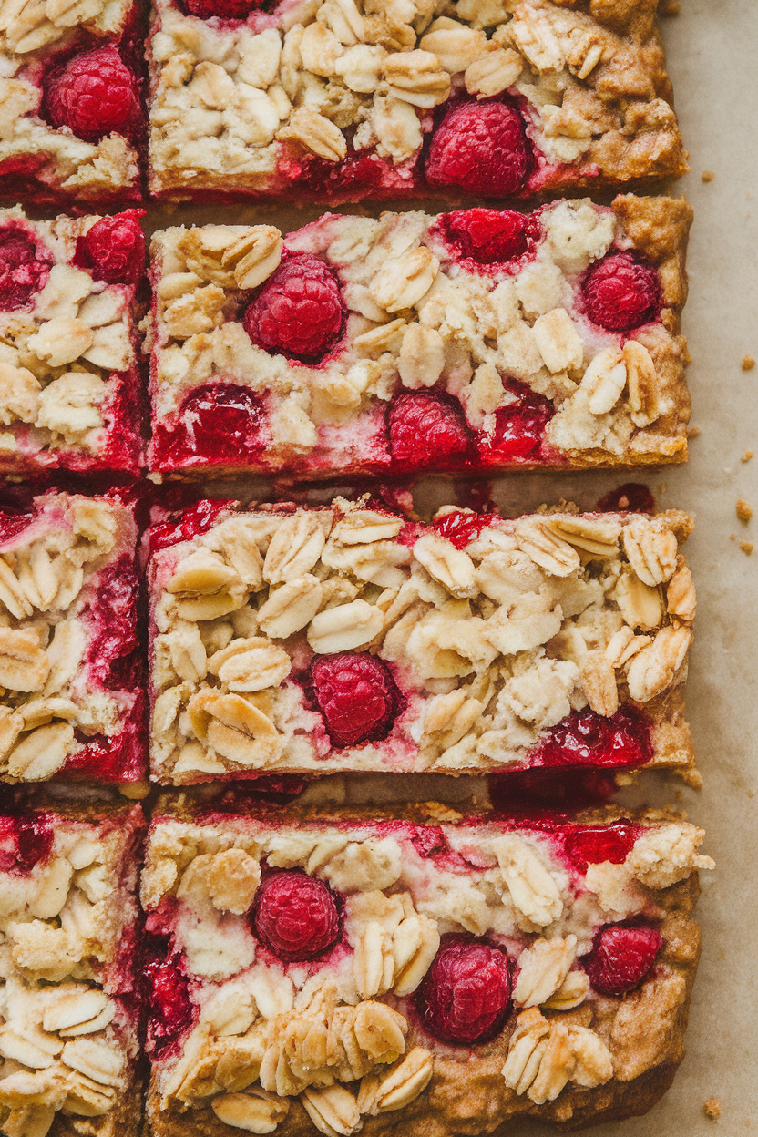An indoor baking sheet with sliced raspberry oat bars showing crumbly oat layers and bright jam center. No text or logos.