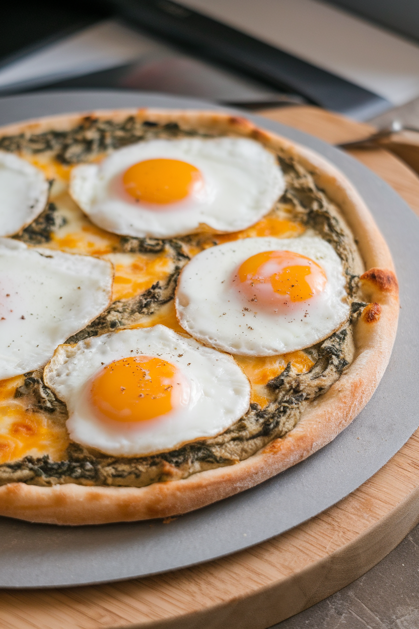An indoor pizza stone with a breakfast pizza topped with spinach artichoke spread, mozzarella, and cracked eggs baked until just set, no text or logos.