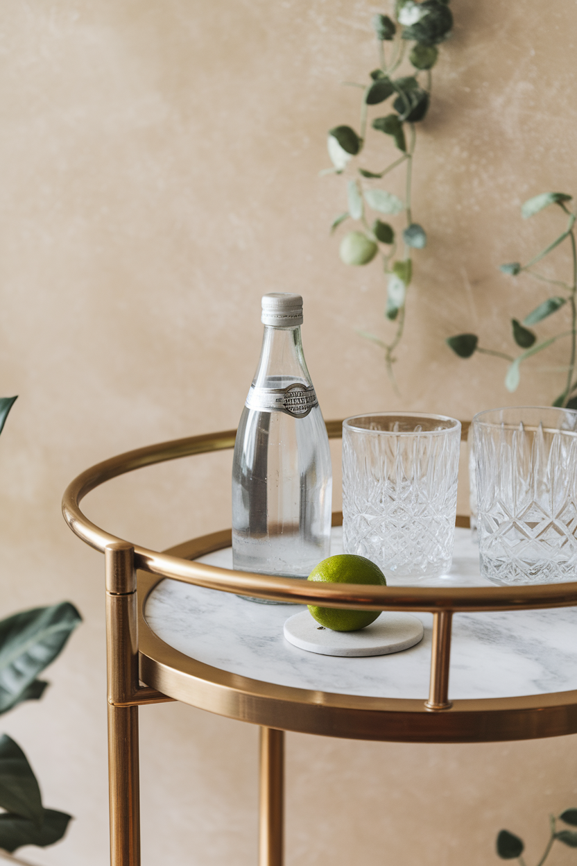 An indoor bar cart holding sparkling water, a fresh lime, and clear glasses; no text or logos; photo