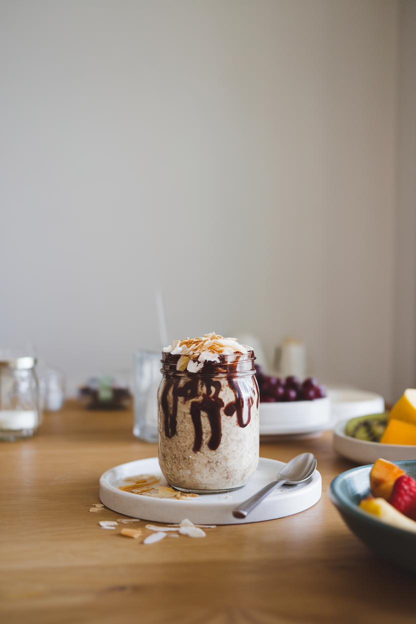 An indoor wooden table holding a jar of chocolate overnight oats topped with toasted coconut and sliced almonds. Photo, no text or logos.
