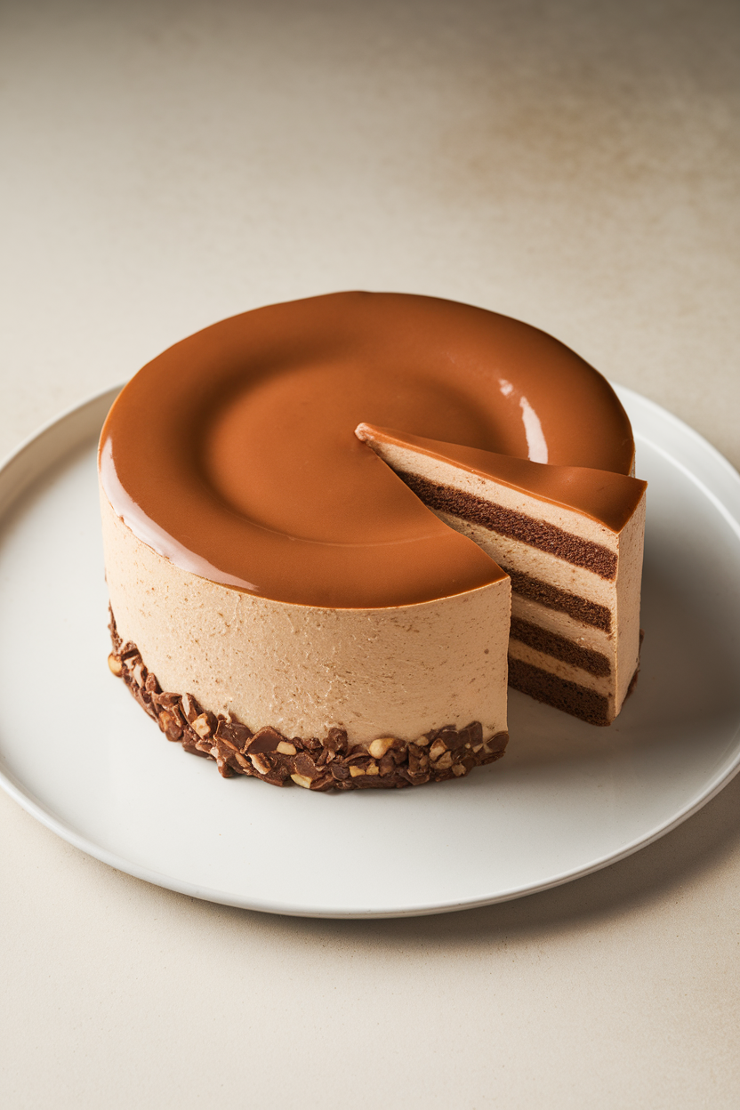 An indoor plated dessert with a dome-shaped slice showing layers of hazelnut mousse and chocolate sponge under a shiny glaze. No text or logos. Photo, not illustration.