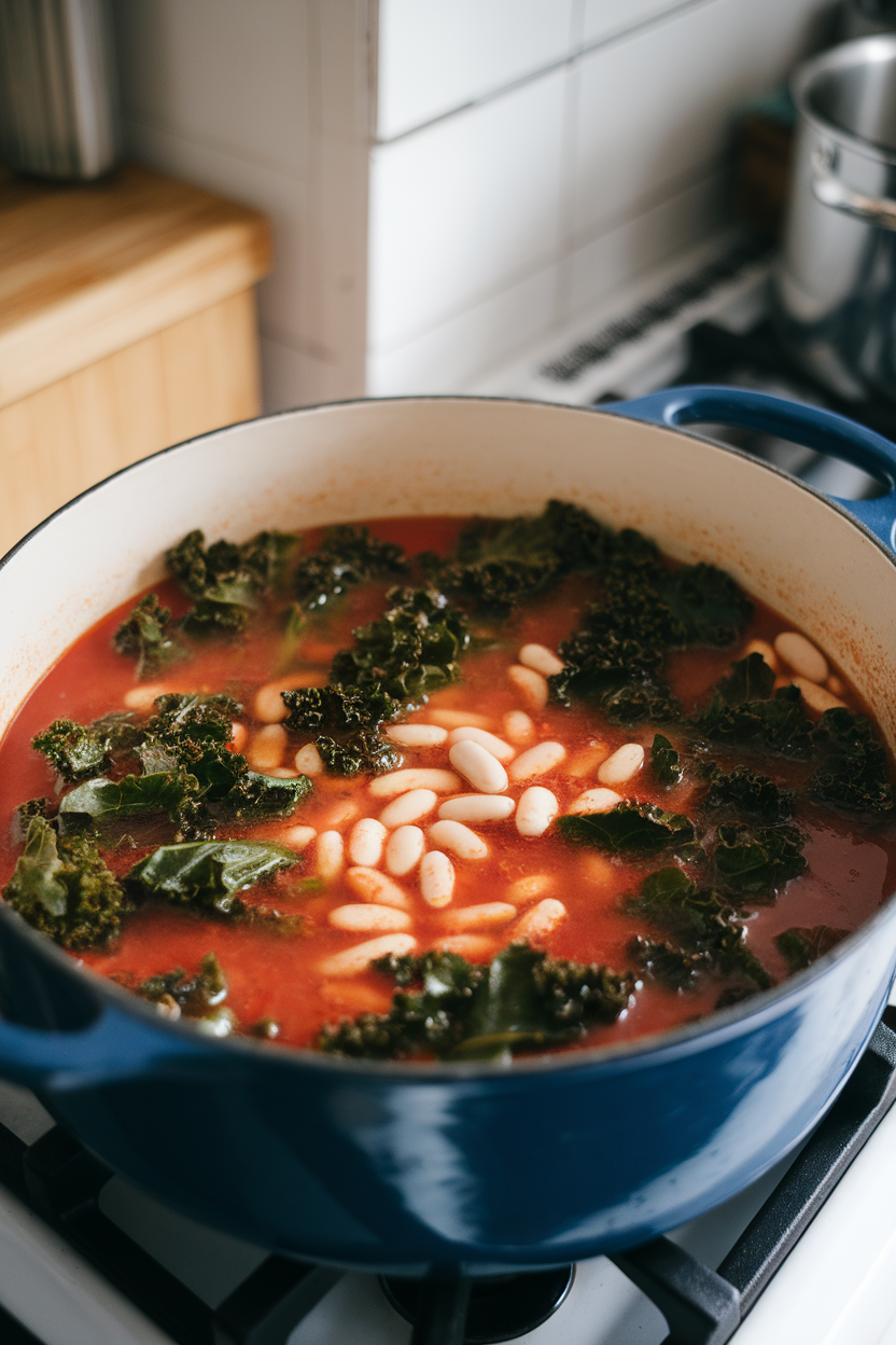 Dutch oven filled with stewed white beans and wilted kale in tomato broth on stovetop, indoor light, no text or logos.